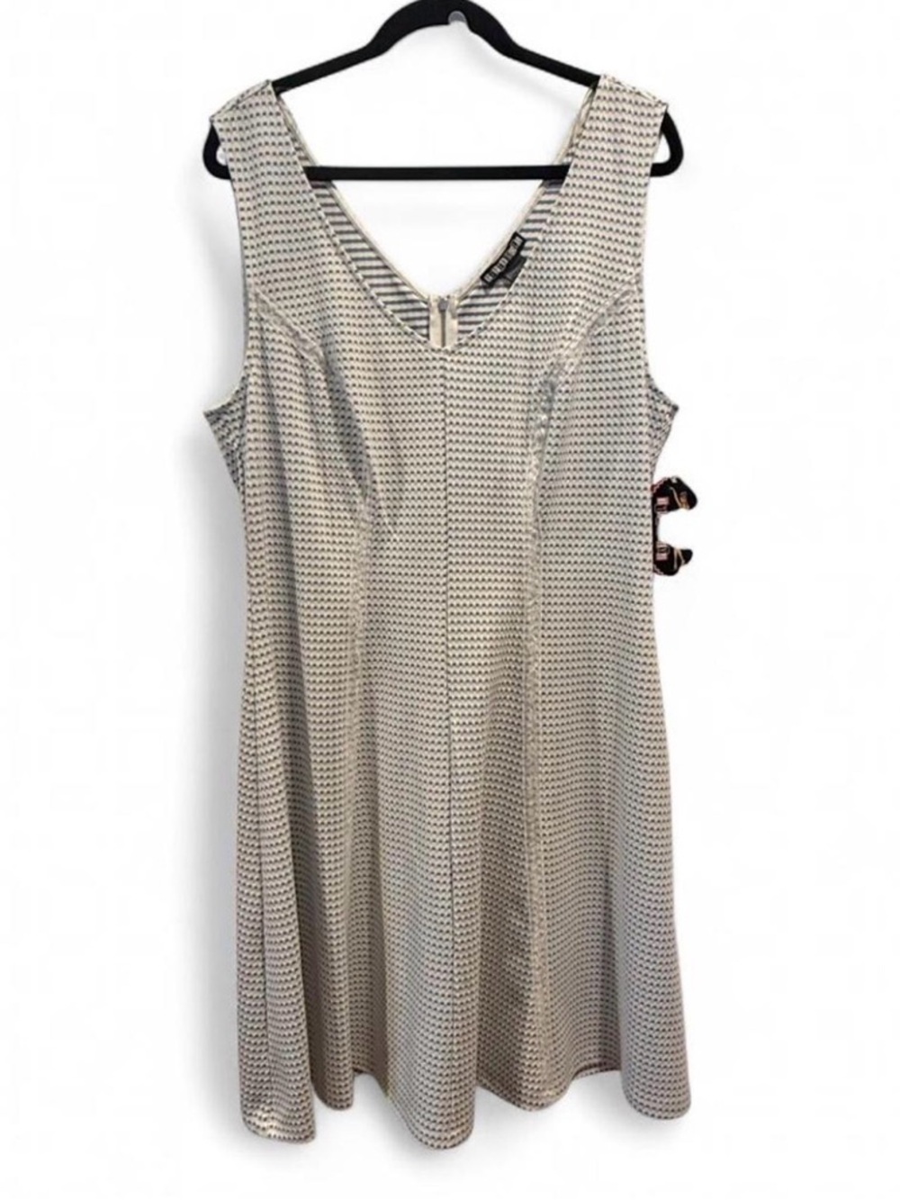 paper doll White & Blue Sleeveless V-Neck A-Line Midi Dress with Subtle Pattern